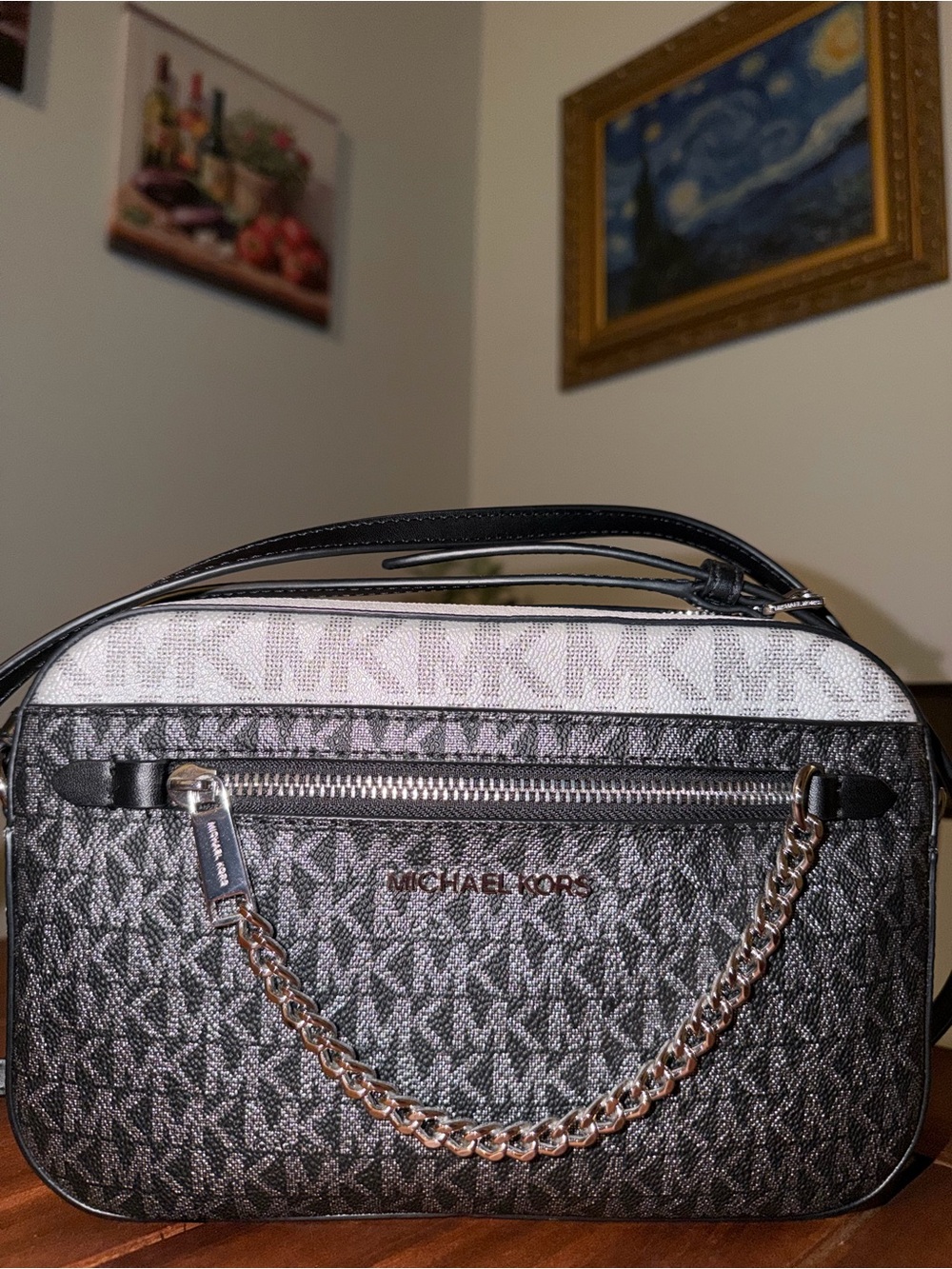 Michael Kors Black and White Signature Chain Crossbody Bag